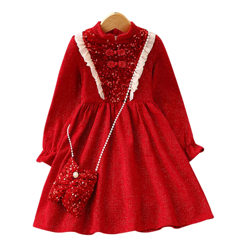 Váy nhung bé gái có lớp lót lông cừu, váy công chúa màu đỏ thời trang thu đông cho trẻ em, trang phục Tết năm 2025.