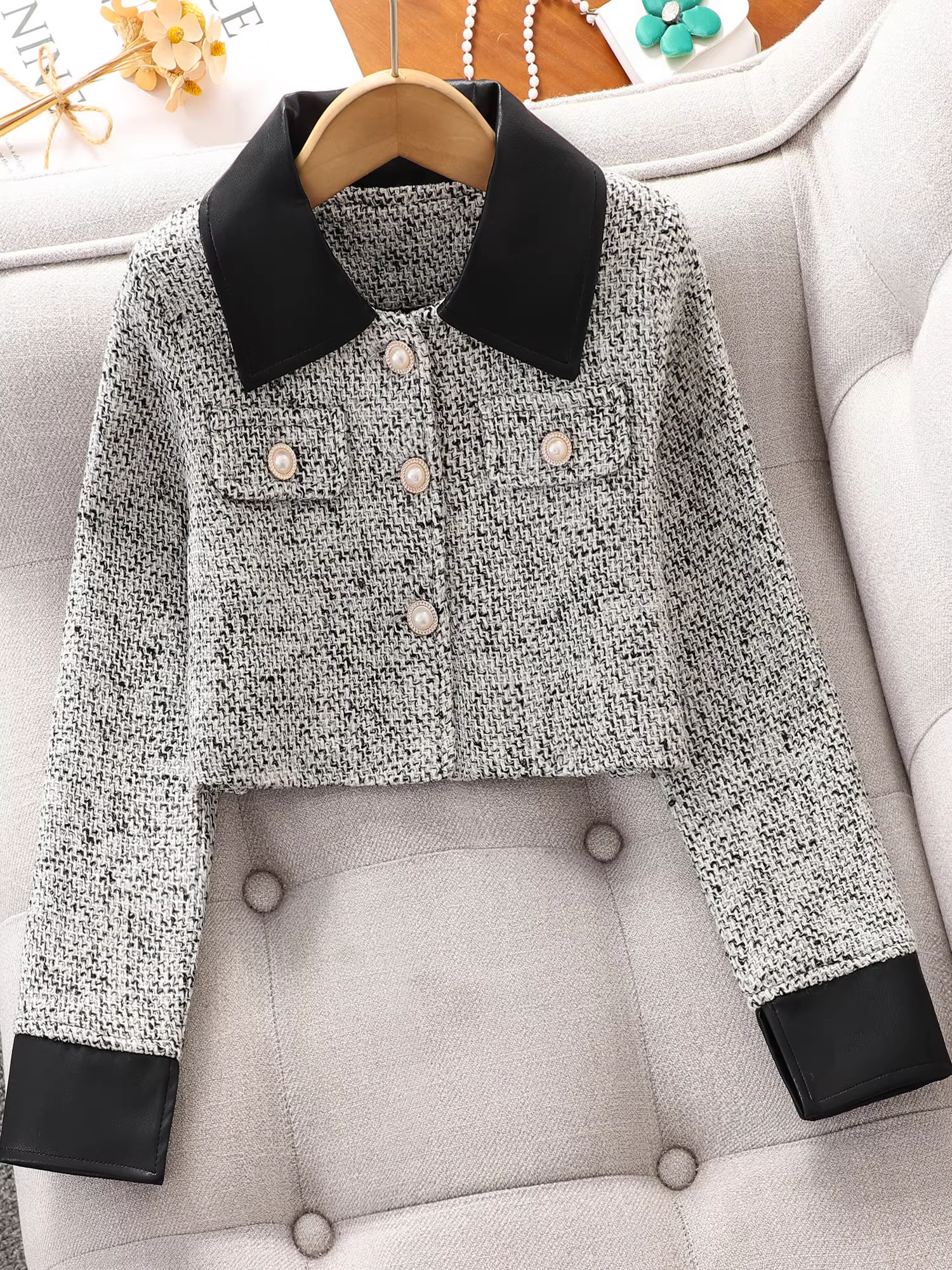 Bộ đầm bé gái, kiểu mới thu 2025, áo khoác tweed, trang phục xuân thu trẻ em, chân váy xếp tầng.