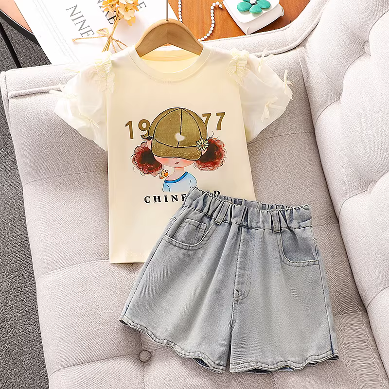 Bộ đồ thể thao dành cho nữ phong cách mùa hè Áo thun ngắn tay dành cho trẻ em Váy mùa hè thường ngày quần culottes dành cho bé gái và trẻ lớn hơn Quần short denim Bộ hai mảnh