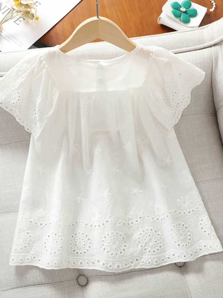 Áo sơ mi bé gái, kiểu dáng mùa hè mới, áo sơ mi babydoll màu trắng, áo sơ mi trắng trẻ em, áo thun trẻ em cỡ vừa và lớn, áo tay bay sành điệu