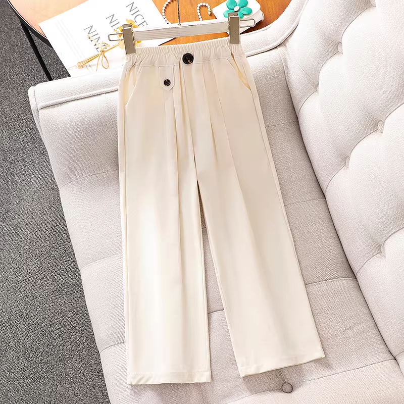 Quần đen nữ bé gái kiểu mới 2025, quần ống rộng dáng suông chất liệu vải lụa đá mát mẻ mùa hè dành cho bé gái lớn