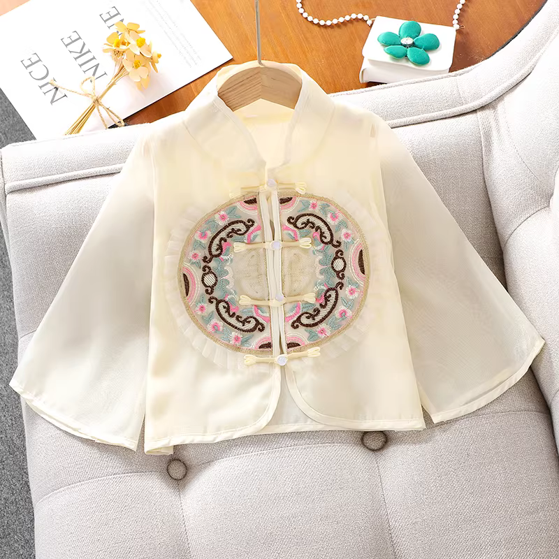 Bộ Hanfu hai mảnh cho bé gái, kiểu mới 2025 dành cho bé gái lớn hơn, áo cardigan và váy thêu phong cách Trung Hoa, bộ mỏng mùa hè