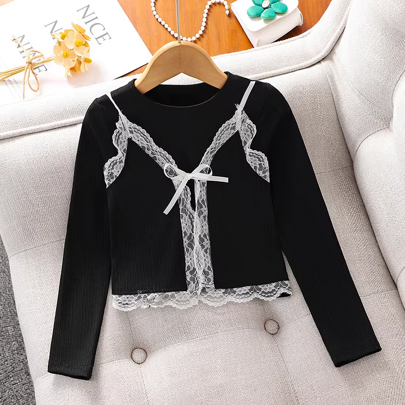 Áo sơ mi ngắn tay ren cho bé gái, quần áo xuân thu, áo thun yếm dài tay kiểu trẻ em mới 2025, áo bé gái mùa thu.