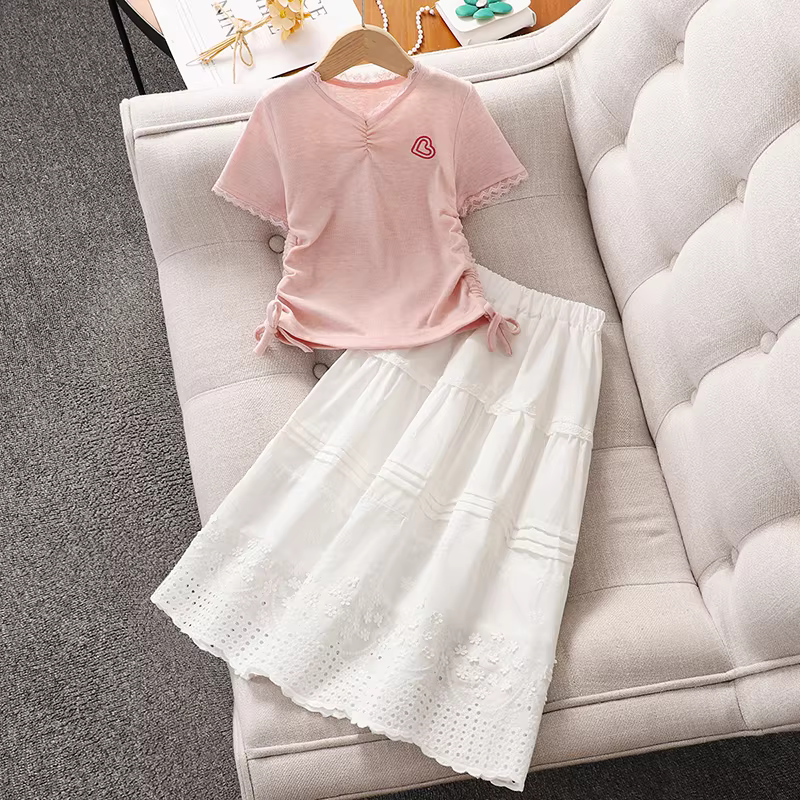 Bộ váy liền thân hè 2025 kiểu mới cho bé gái, áo thun ngắn tay tôn dáng, đầm hè cho bé gái lớn, chân váy bánh bèo