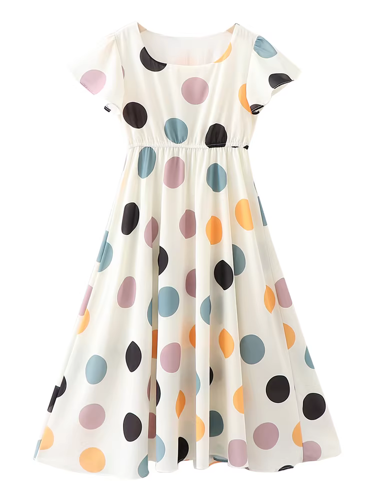 Váy voan bé gái, váy mùa hè, chấm bi ôm eo, vạt áo rộng, váy dài đến đầu gối, váy đi biển cho trẻ em, kiểu dáng mỏng