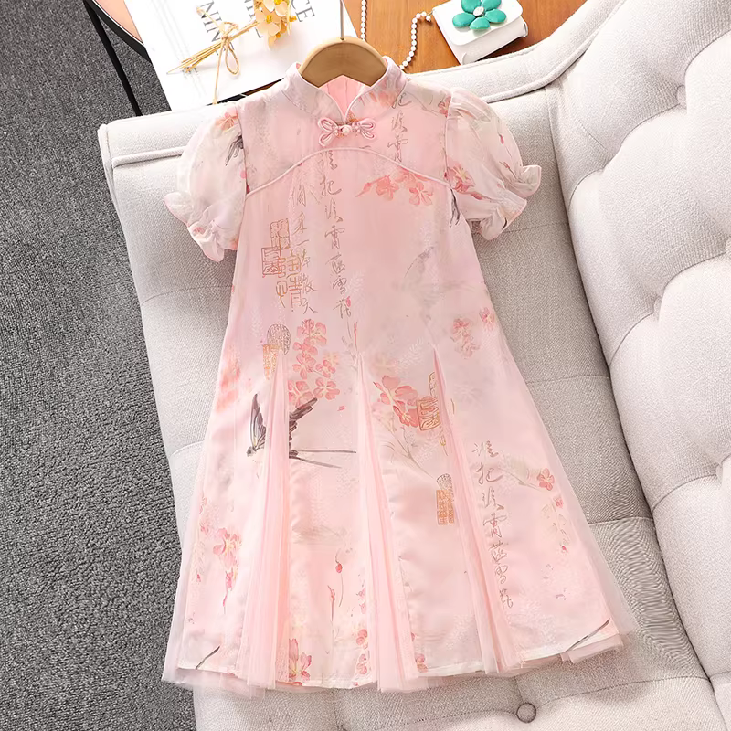 Váy Hanfu kiểu Trung Hoa dành cho bé gái, mẫu mới hè 2025, váy sườn xám lưới kiểu cổ điển dành cho bé gái lớn.