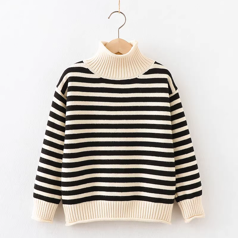 Áo len cổ lọ nửa cao cho bé gái thu đông 2025, áo len chui đầu lót lông dày giữ ấm, áo thun kẻ sọc cho bé lớn