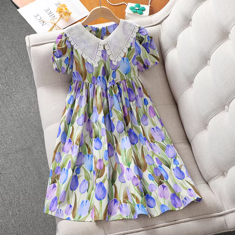 Váy hè bé gái, váy công chúa tay bồng họa tiết hoa, váy hè cổ búp bê kiểu mới 2025 dành cho trẻ em