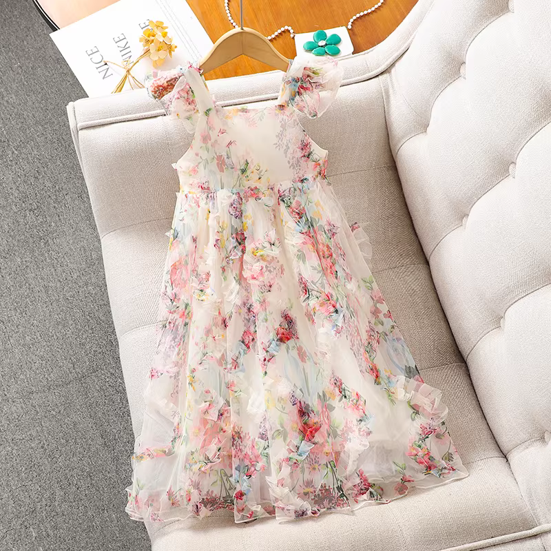 Váy dây hoa mùa hè cho bé gái, váy công chúa ngọt ngào thời trang cho bé gái, quần áo trẻ em mới, váy lưới