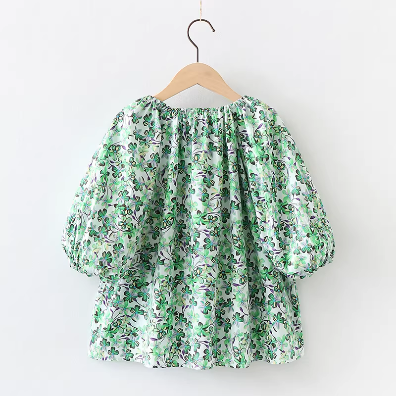 Áo sơ mi trễ vai họa tiết hoa mùa hè rộng rãi dành cho bé gái, quần áo mùa hè dành cho trẻ trung niên và lớn tuổi mũm mĩm, áo cotton nguyên chất ngắn tay