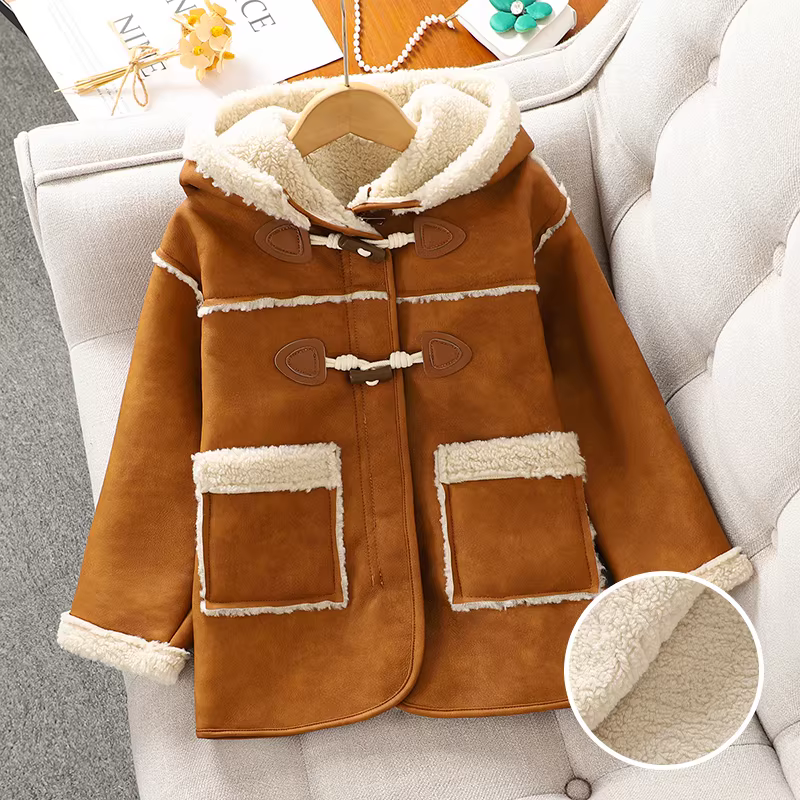 Áo khoác len cừu cho bé gái 2025 mẫu mới thu đông, áo khoác nỉ liền thân có mũ cho trẻ em, áo khoác gió lót lông cừu cho bé gái