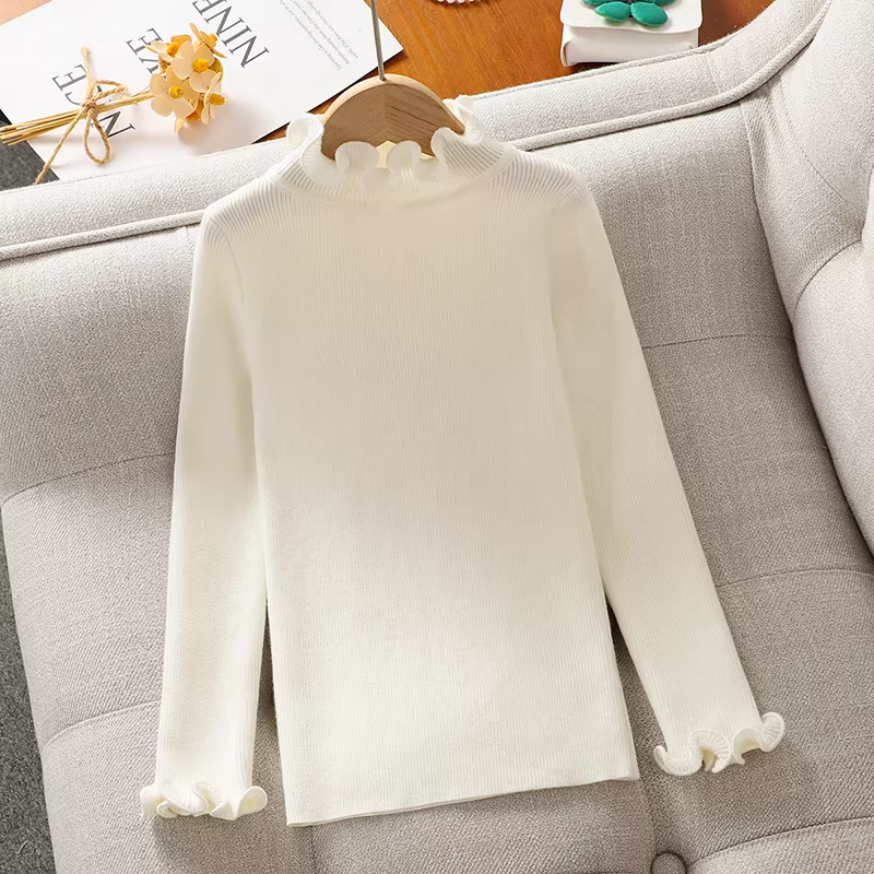 Áo len dệt kim bé gái thu đông 2025 kiểu mới, áo lót giữ ấm bé gái, áo len bó sát xếp ly