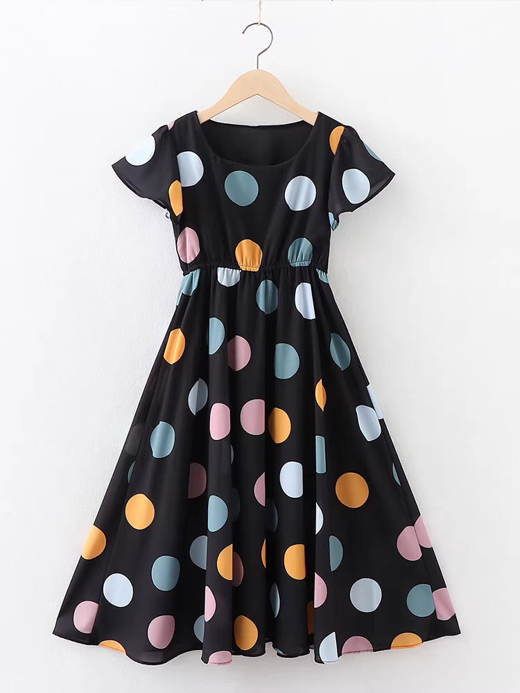 Váy voan bé gái, váy mùa hè, chấm bi ôm eo, vạt áo rộng, váy dài đến đầu gối, váy đi biển cho trẻ em, kiểu dáng mỏng