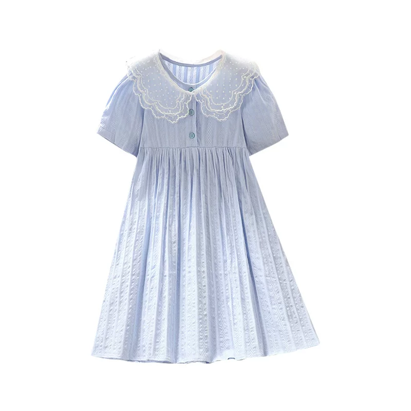 Váy mùa hè cho bé gái, phong cách Nhật Bản, dáng rộng, váy cotton nguyên chất sọc trẻ em, cổ ren dài đến đầu gối màu xanh, váy dài cho bé gái lớn