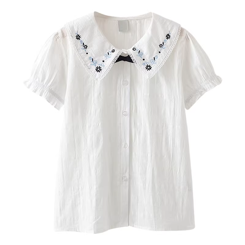 Áo sơ mi ngắn tay bé gái 2025, quần áo mùa hè mới cho trẻ lớn, áo kiểu mùa hè thời trang cho bé gái, áo sơ mi trắng cotton nguyên chất cho trẻ em