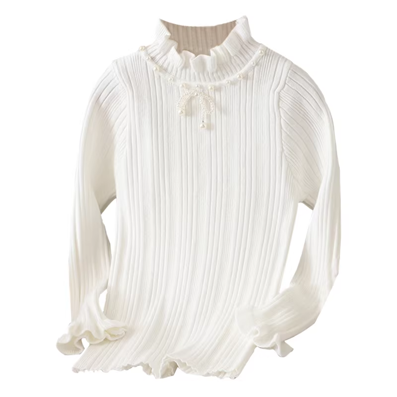 Áo len lớp lót cho bé gái Áo len mùa thu đông Quần áo trẻ em dành cho trẻ lớn hơn Trang phục mùa đông cổ cao nửa cổ có diềm xếp nếp Áo len dệt kim lớp lót cho trẻ em