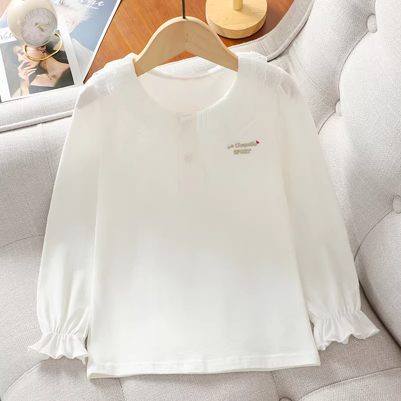Áo thun dài tay cho bé gái, chất liệu cotton nguyên chất, quần áo trẻ em thời trang xuân thu, áo sơ mi có cổ, trang phục mùa xuân, áo polo cổ búp bê cho trẻ em.