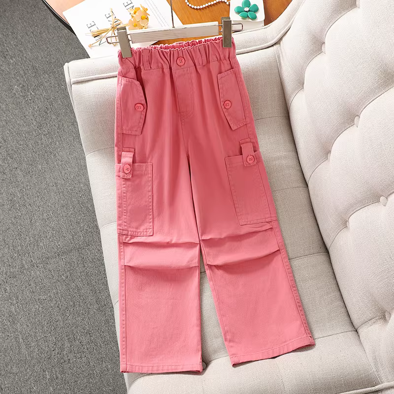 Quần cargo mùa xuân thu cho bé gái, quần ống rộng rộng rãi cho bé gái, quần thể thao giản dị sành điệu cho bé gái lớn, phong cách mùa thu.