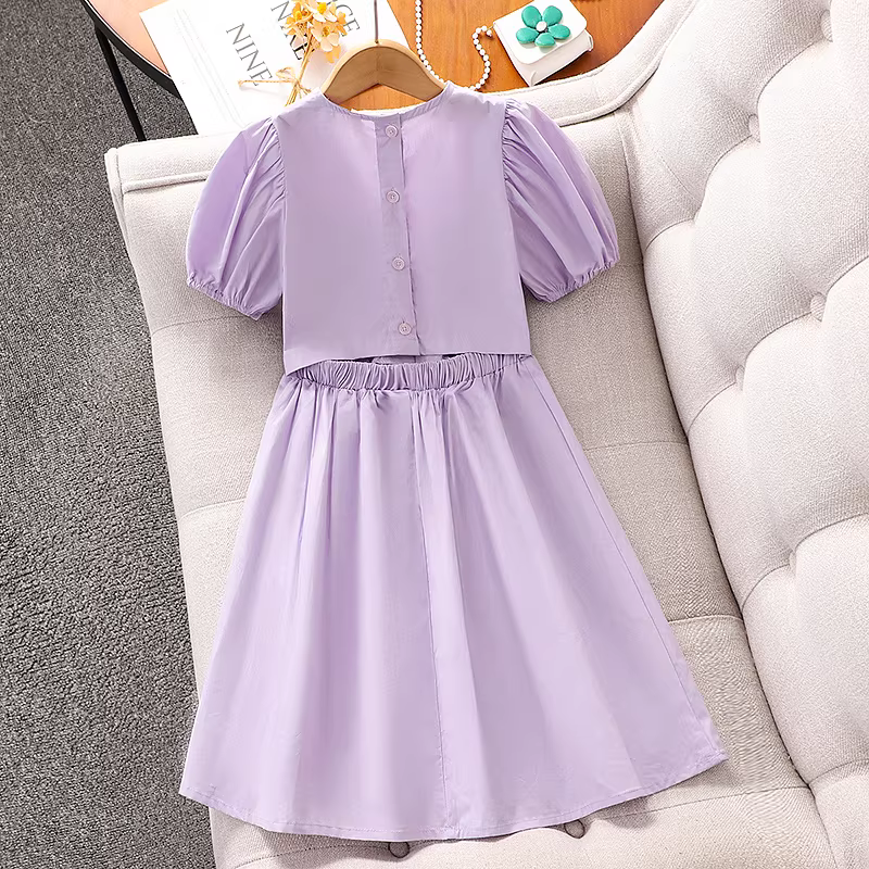 Váy hè cao cấp cho bé gái, váy hè trẻ em, váy chữ A ôm eo, váy công chúa tay phồng màu tím cho bé gái
