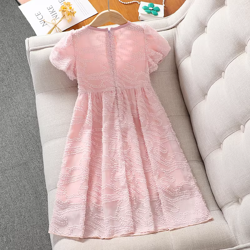 Váy jacquard bé gái, váy hè 2025, váy trẻ em dễ thương phong cách Hàn Quốc, váy công chúa màu hồng