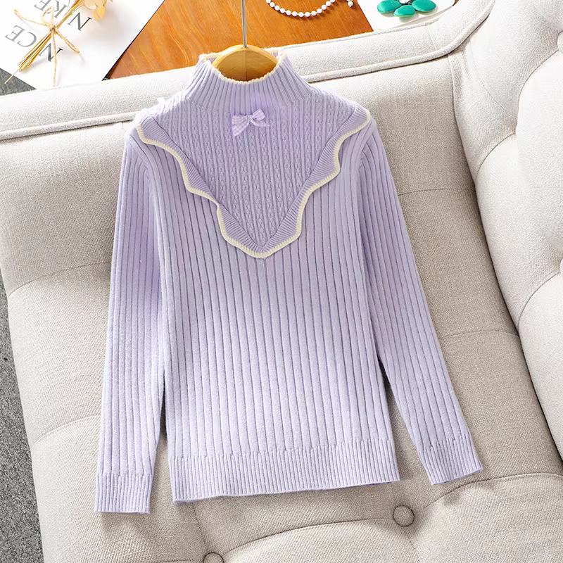 Áo len bé gái thu đông 2025 kiểu mới, áo len trắng cổ lọ nửa cao cho bé gái lớn, áo lót lông cừu