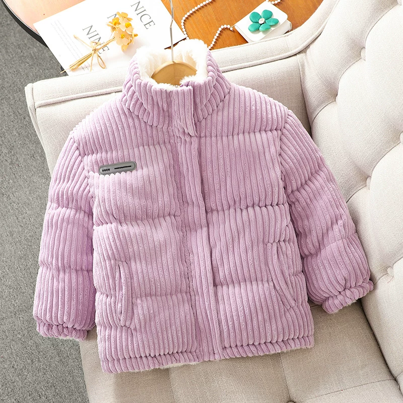 Áo khoác cotton bé gái thu đông 2025 kiểu mới, áo khoác dày lót lông hai mặt, quần áo mùa đông trẻ em, áo khoác cotton gân