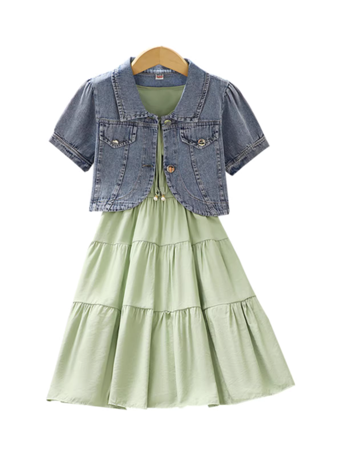 Bộ trang phục hè cho bé gái kiểu dáng 2025 mới thời trang, gồm áo khoác denim và chân váy hai mảnh