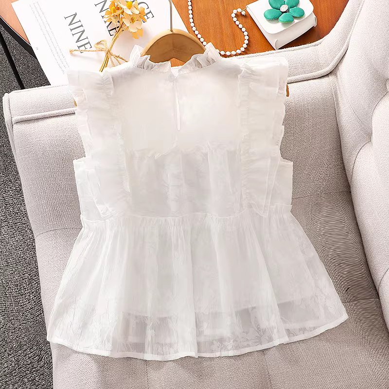 Áo gile trắng bé gái mùa hè 2025 kiểu mới mỏng nhẹ, áo kiểu trẻ em mùa hè thời trang mát mẻ, áo kiểu búp bê