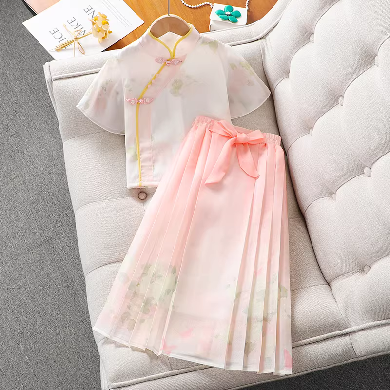 Váy kiểu mặt ngựa dành cho bé gái phong cách Trung Hoa mùa hè trang phục cổ xưa cải tiến kiểu áo Tang phục trẻ em phong cách cổ xưa Hanfu 2025 trang phục mùa hè cho bé gái