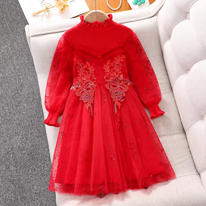 Váy kiểu Chanel nhỏ nhắn cho bé gái mặc mùa đông 2025 Quần áo năm mới màu đỏ cho bé gái Váy công chúa Váy chào mừng năm mới cho trẻ em