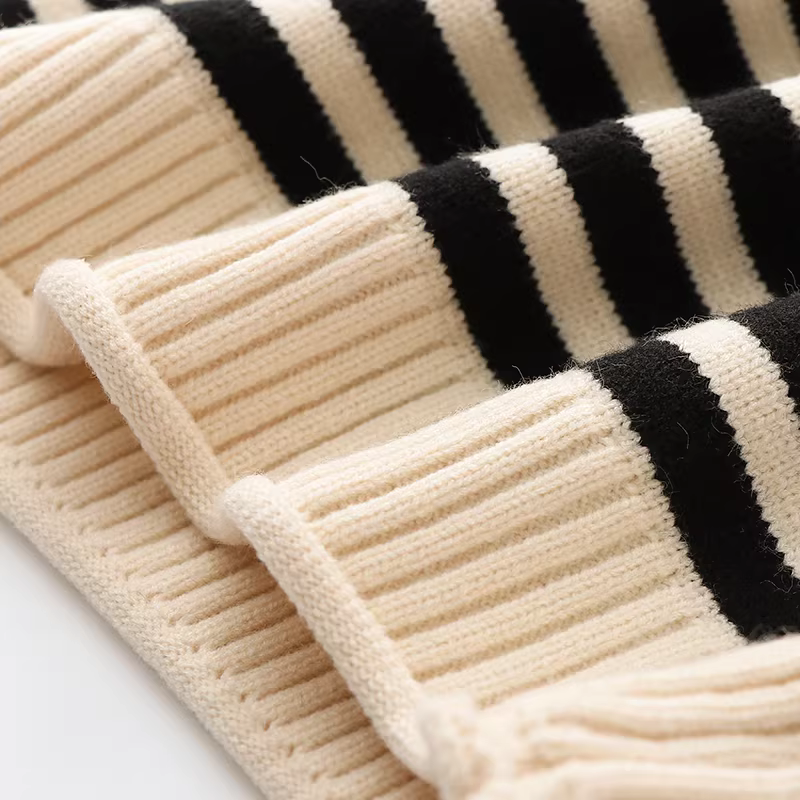 Áo len cổ lọ nửa cao cho bé gái thu đông 2025, áo len chui đầu lót lông dày giữ ấm, áo thun kẻ sọc cho bé lớn