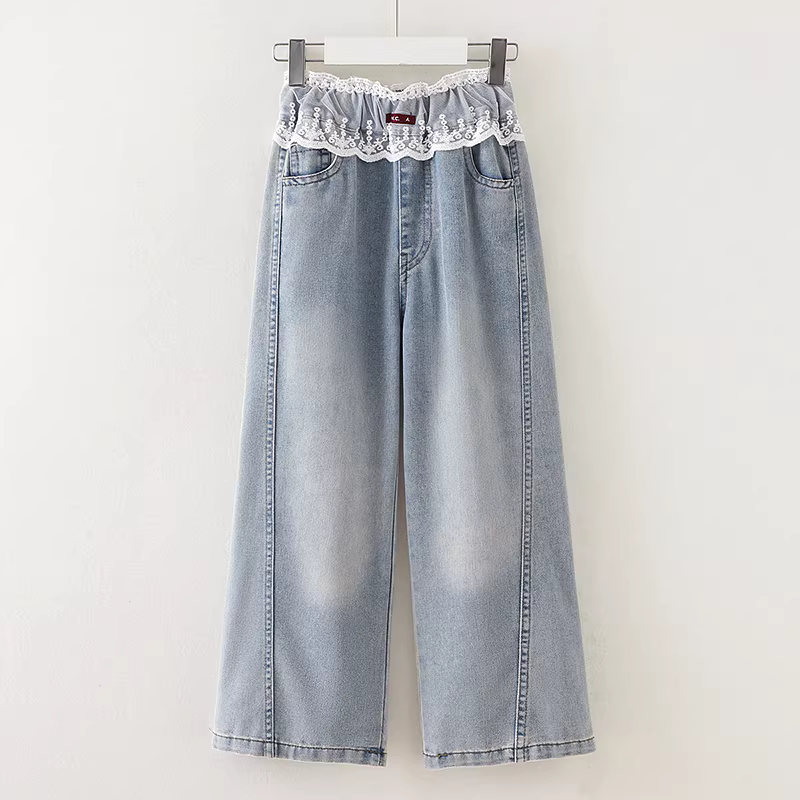 Quần nữ bé gái hè 2025 kiểu mới, quần ống đứng viền ren cho bé gái lớn, quần denim mùa hè thường ngày