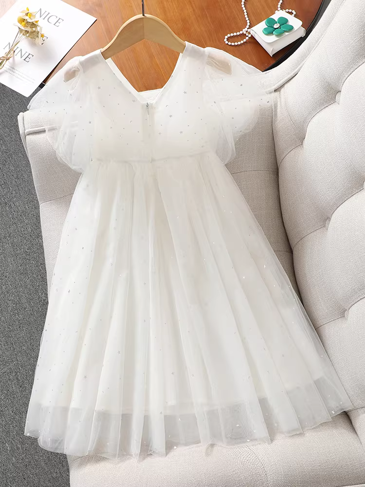Váy bé gái mùa hè 2025 kiểu mới, váy công chúa cổ V, váy tutu trắng, váy mùa hè trẻ em