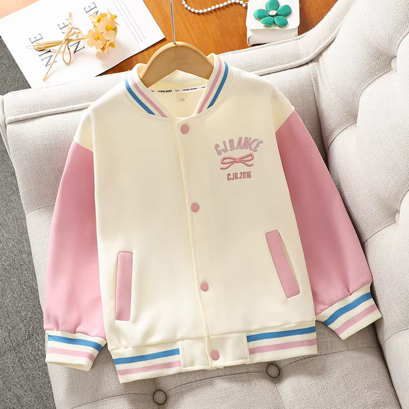 Áo khoác bóng chày nơ cho bé gái, kiểu mới xuân thu 2025, quần áo thể thao rộng rãi, thoải mái, dài tay cho bé gái mùa thu