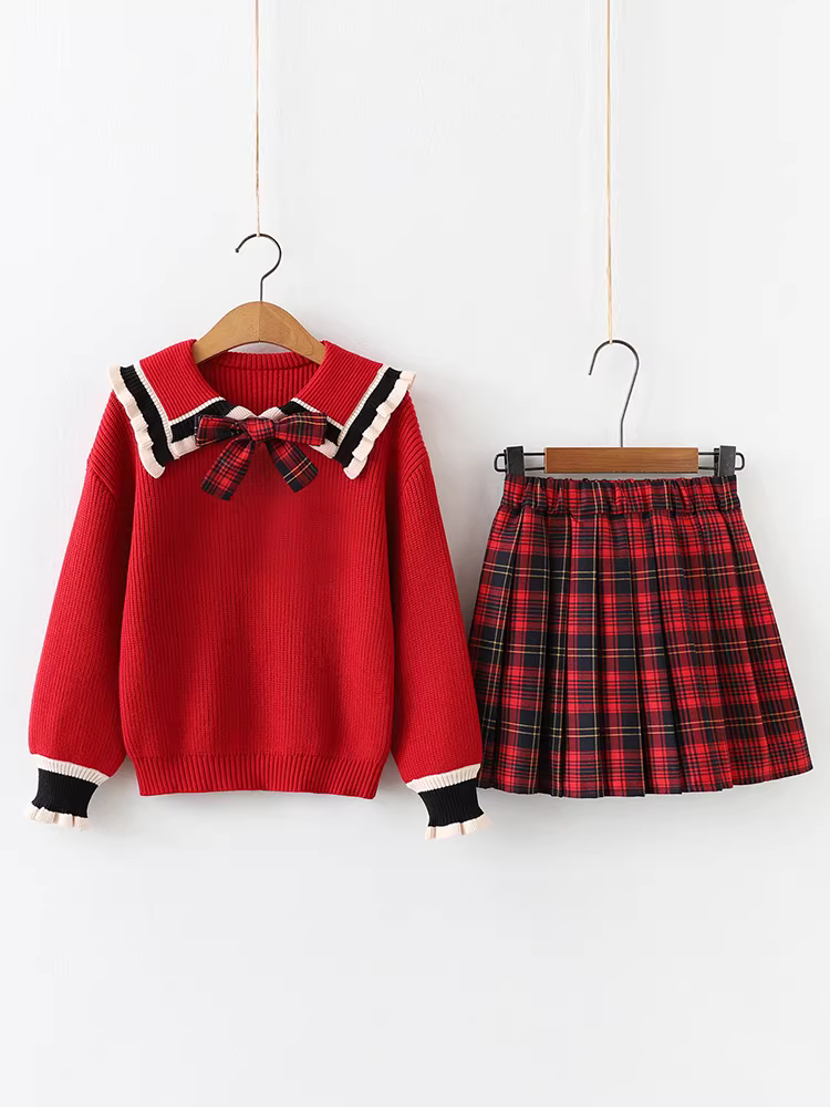 Bộ đồ nữ sinh thu đông, trang phục Tết kiểu học sinh, bộ đồ jk màu đỏ, trang phục Tết cho bé gái lớn, bộ hai mảnh