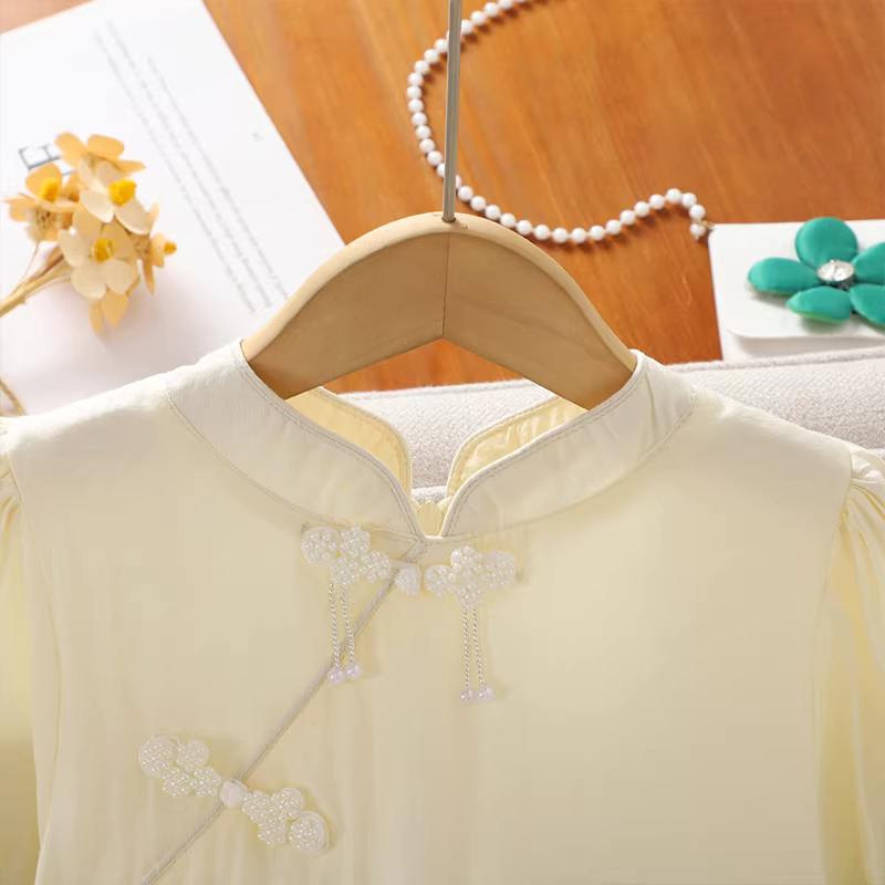 Váy Hanfu kiểu Trung Quốc mới cho bé gái mùa hè 2025, váy dài cải tiến tay ngắn cho bé, váy công chúa mùa hè