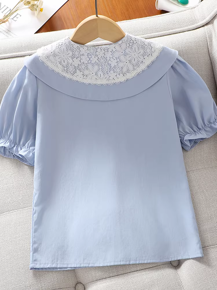 Áo sơ mi ngắn tay mùa hè 2025 kiểu mới cho bé gái, áo voan cổ búp bê, áo kiểu cách tay bồng cho bé lớn