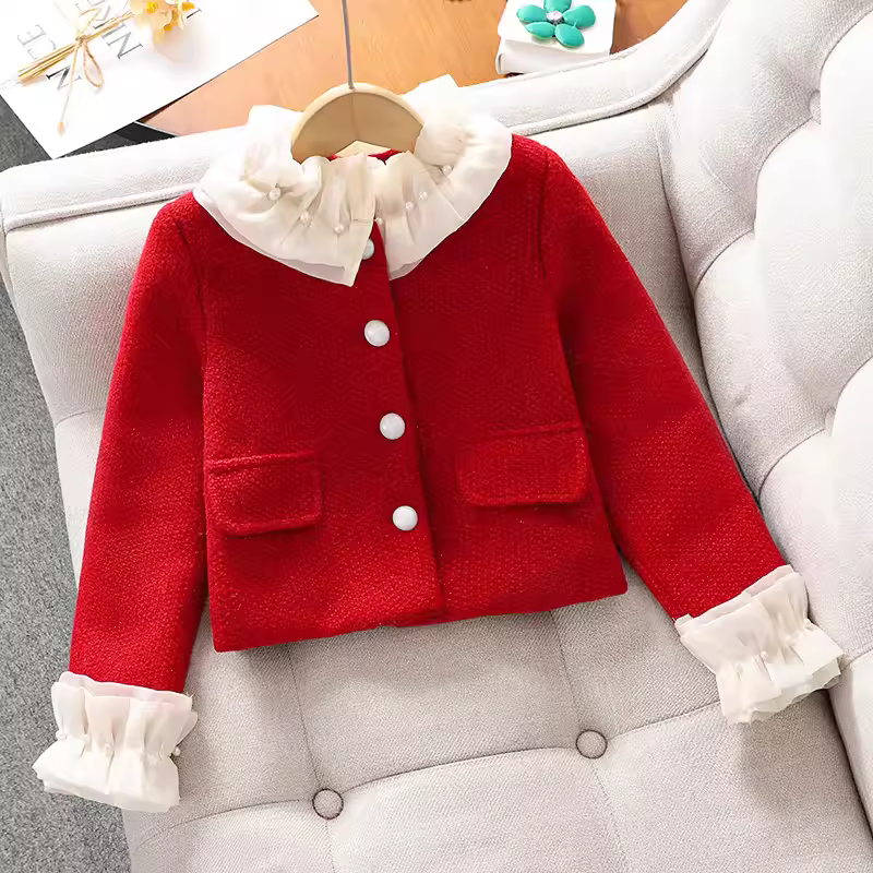 Váy bé gái thu đông 2025 kiểu mới phong cách Chanel nhỏ nhắn, đầm đỏ trẻ em, trang phục Tết, váy lễ hội