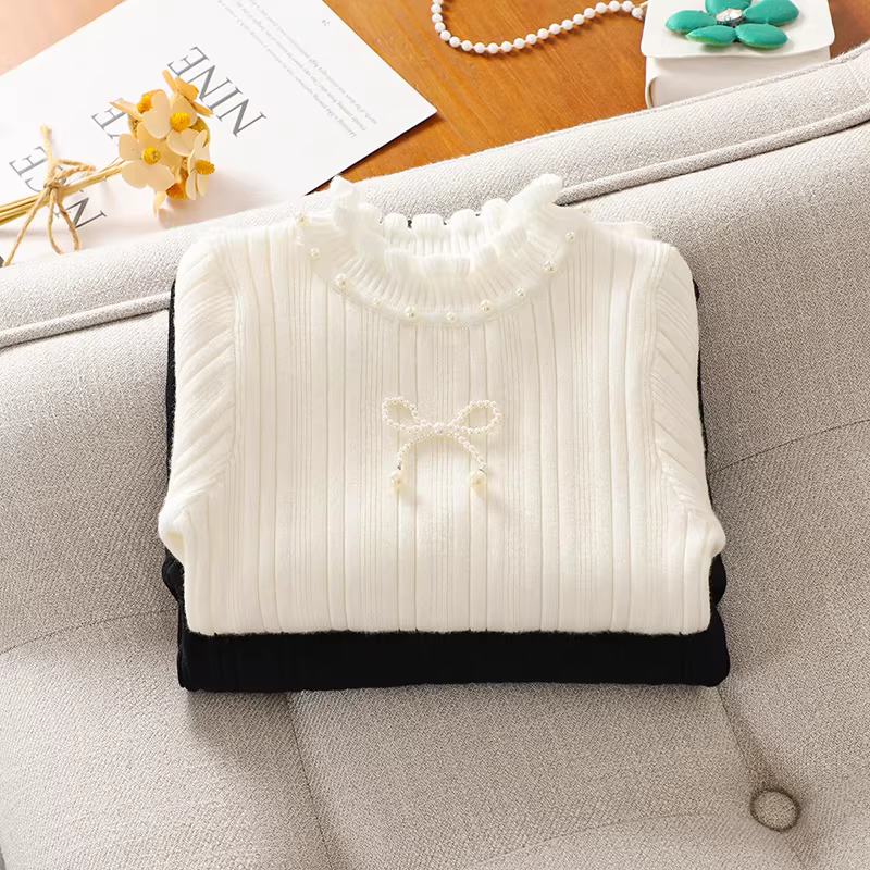 Áo len bé gái thu đông 2025, áo lót lông cừu trẻ em kiểu mới, áo len cổ lọ bèo nhún nửa cao, quần áo mùa đông