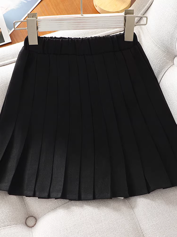 Bộ đồ bé gái xuân thu 2025 kiểu mới, thời trang cho bé lớn, trang phục mùa xuân, áo khoác cổ búp bê, chân váy xếp ly, bộ hai mảnh