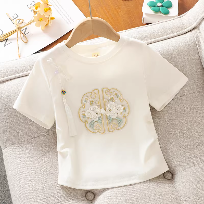 Bộ trang phục mùa hè cho bé gái 2025 kiểu mới, áo kiểu Trung Quốc tay ngắn, chất liệu mỏng, quần thể thao mùa hè cho bé gái