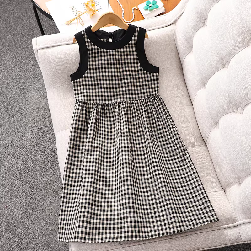 Váy bé gái hè 2025 kiểu mới, váy kẻ caro retro Pháp, váy bé gái hè dáng ôm không tay