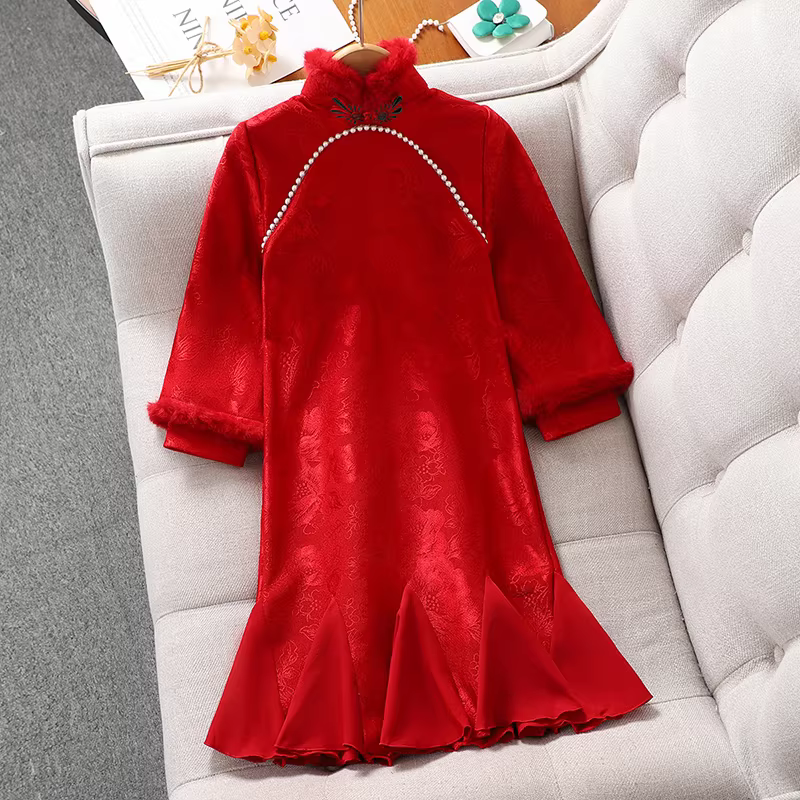 Váy sườn xám đỏ dành cho bé gái Trang phục năm mới Trang phục mùa đông Quần áo năm mới dành cho bé gái lớn hơn Bộ đồ Tang Váy Hanfu