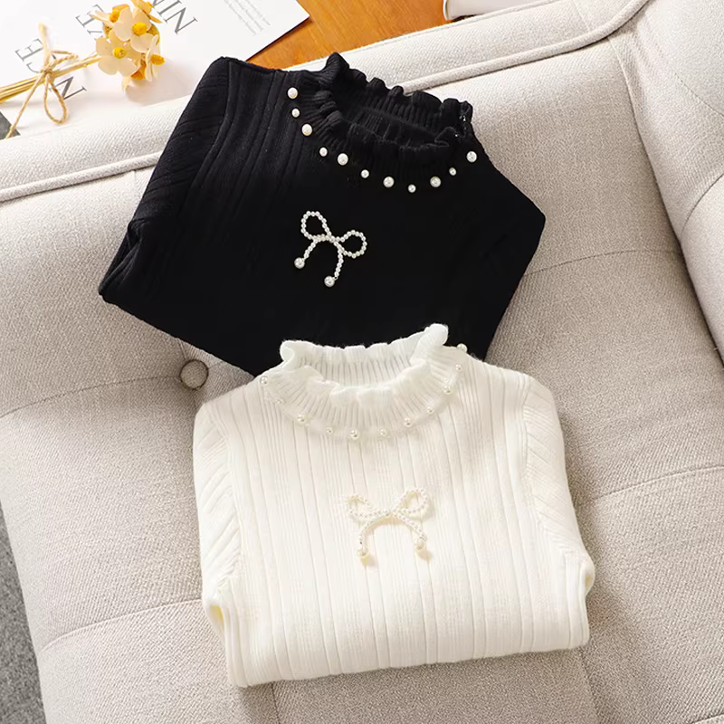 Áo len lớp lót cho bé gái mùa thu đông, áo cổ cao nửa cổ lót lông cừu có viền xếp nếp, áo len trắng cho trẻ em.