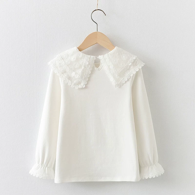Áo lót bé gái cho mùa xuân và mùa thu, áo trắng cổ búp bê cho trẻ em, chất liệu cotton nguyên chất có lông cừu, áo thun dài tay cho trẻ lớn, mùa thu đông.
