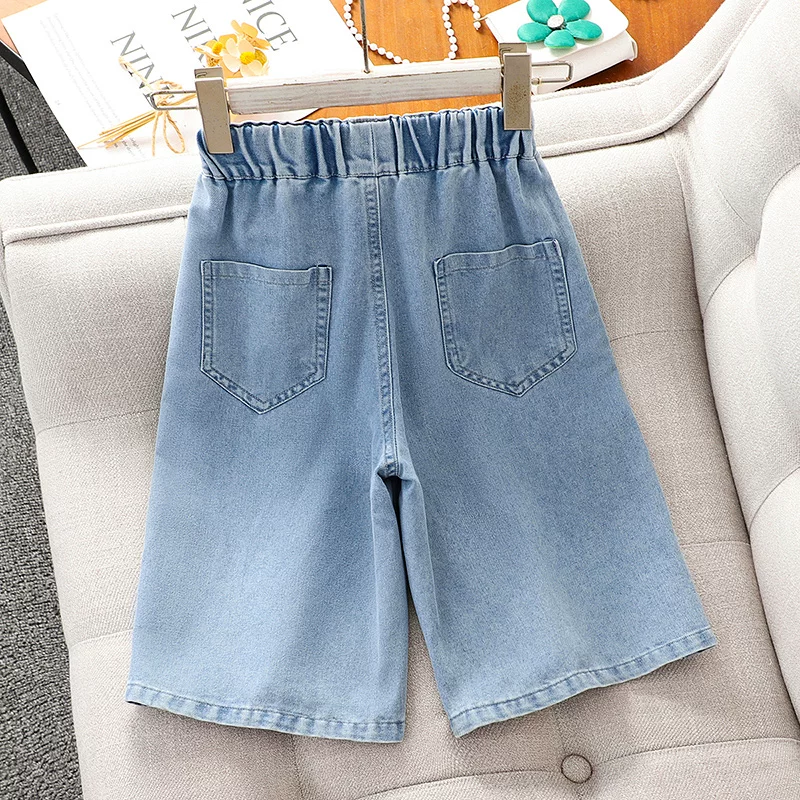 Quần short denim cho bé gái, quần short mỏng thông thường dài đến đầu gối mùa hè, trang phục mùa hè cho bé gái lớn, quần váy rộng cho áo khoác ngoài.