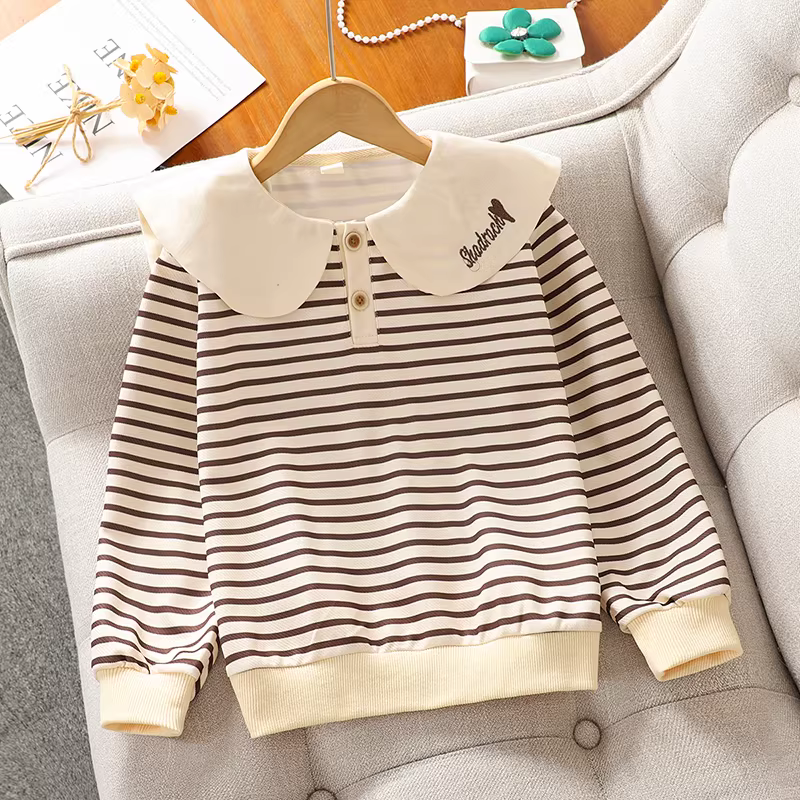 Bộ đồ hai mảnh áo len thu và quần jean ống rộng cho bé gái, trang phục thu mới năm 2025 kiểu sọc trẻ trung năng động cho bé gái