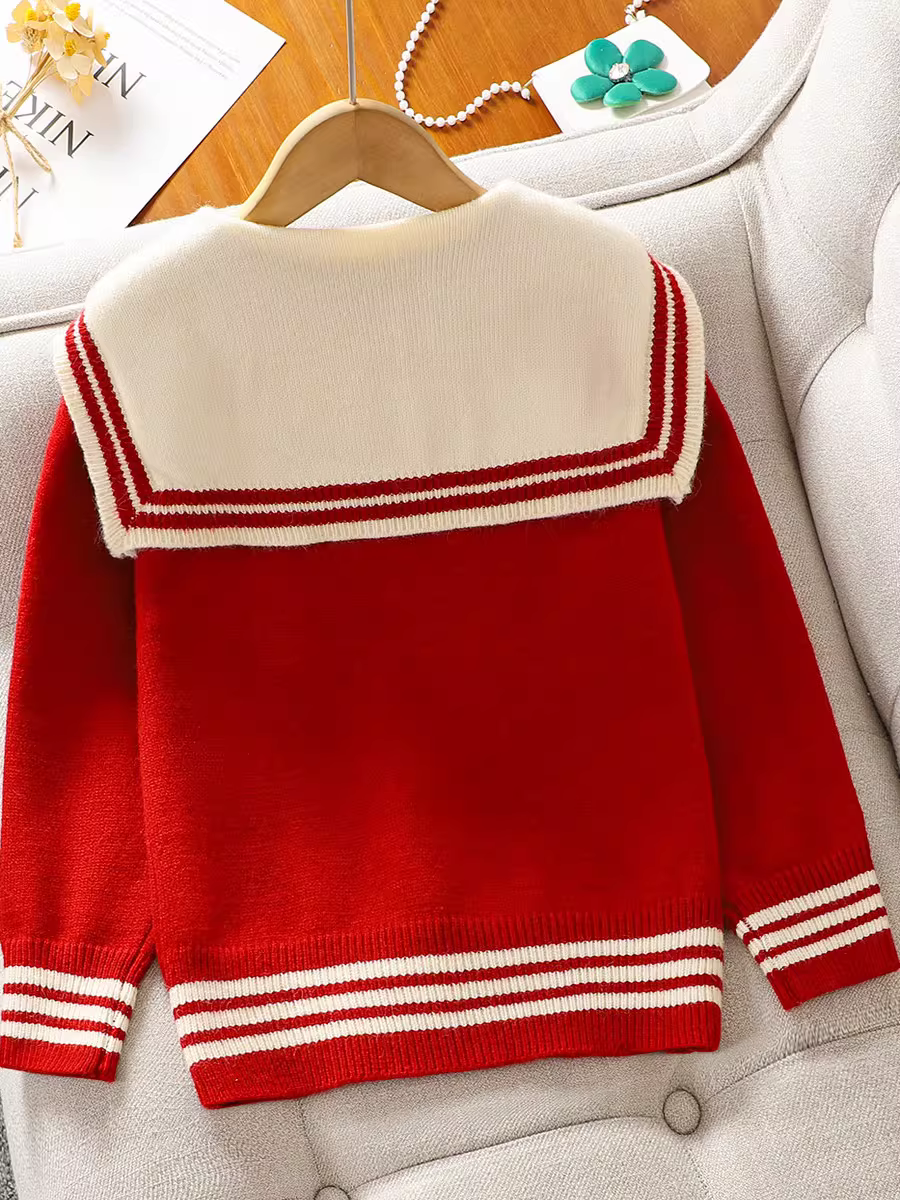 Áo len nữ phong cách preppy thu đông 2025 kiểu mới thời thượng, cổ thủy thủ, màu đỏ