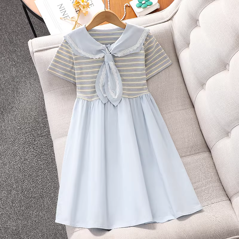 Váy hè bé gái 2025 kiểu preppy mới, váy công chúa, trang phục hè, váy bé gái cổ thủy thủ kẻ sọc