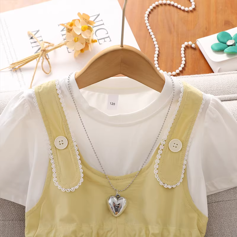 Váy yếm bé gái hè 2025 kiểu mới, váy công chúa giả hai mảnh tay ngắn cho bé gái, váy hè bé gái